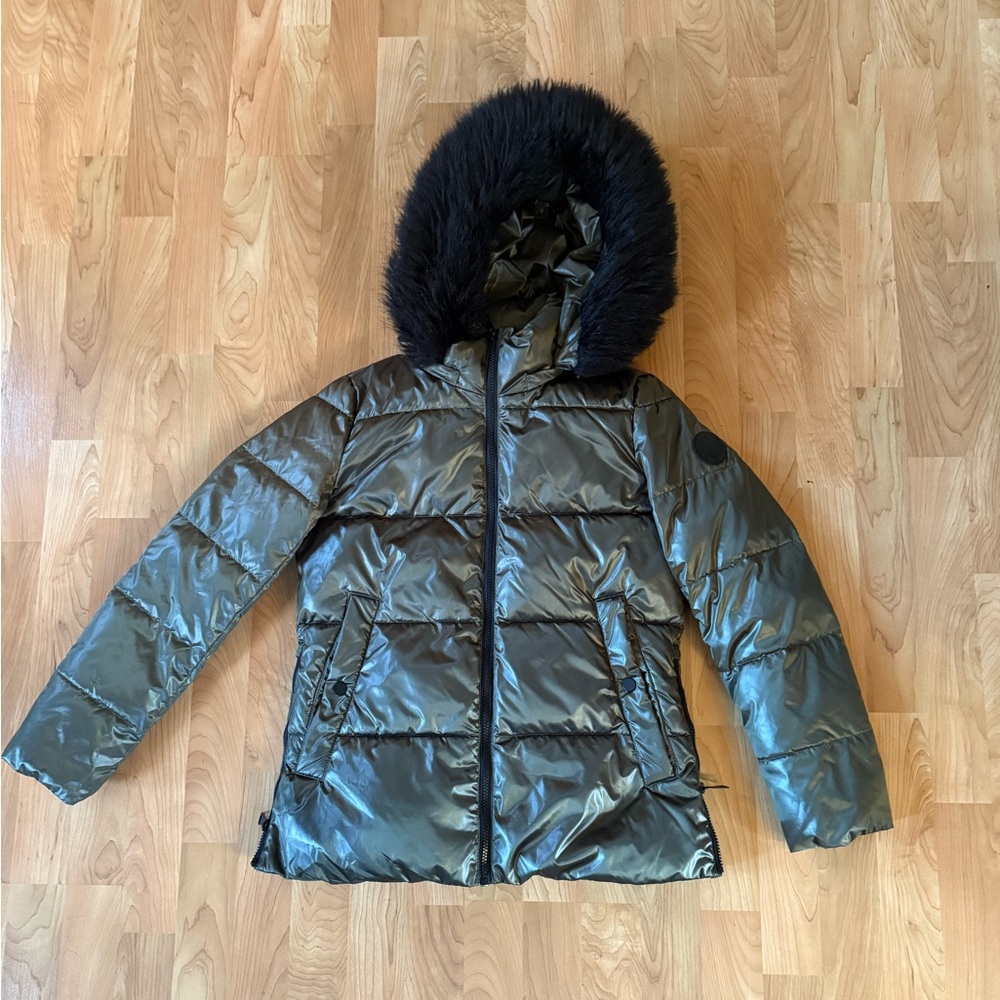 DKNY Winter Coat Puffer Jacket Fur Lined Hood Metallic Green XS